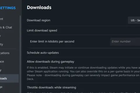 Ustawienia pobierania w Steam: region, limit prędkości, automatyczne aktualizacje.