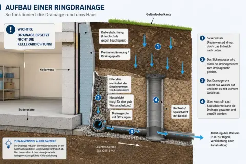 Schema einer Ringdrainage um ein Haus. Sie leitet Sickerwasser ab und unterstützt die Kellerabdichtung.