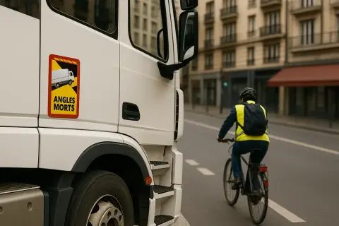Autocollant "Angles Morts" sur un poids lourd, rappelant l'équipement obligatoire pour la sécurité des cyclistes en ville.