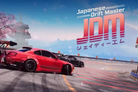 JDM Japanese Drift Master: czerwony i czarny samochód driftują na torze wyścigowym, w tle japońska pagoda i kwitnąca wiśnia.