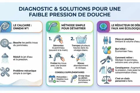 Le calcaire bouche le pommeau de douche, réduisant la pression. Une méthode simple pour détartrer et retrouver un jet puissant.