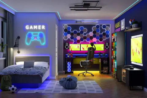 Nowoczesny pokój dla chłopca z neonowym napisem "GAMER", łóżkiem, biurkiem gamingowym i konsolą do gier.