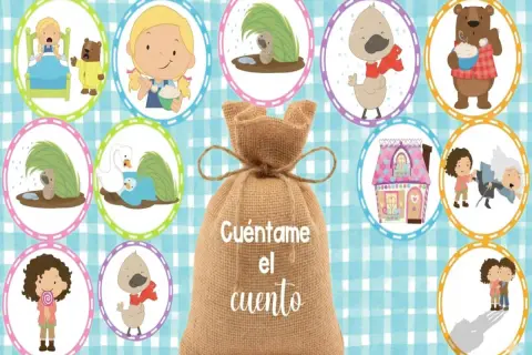 Bolsa de arpillera con la frase "Cuéntame el cuento", rodeada de ilustraciones de cuentos populares: osos, patitos, cisnes, niños y una casita.