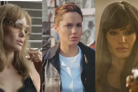 Kolaż zdjęć z filmów z Angeliną Jolie: w okularach z papierosem, w skórzanej kurtce i z bronią.