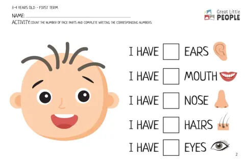 Hoja de actividades para niños sobre partes del cuerpo en inglés. Muestra una cara sonriente y lista para completar cuántas orejas, boca, nariz, pelos y ojos tiene.