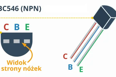 Schemat tranzystora bipolarnego BC546 (NPN) z widokiem od strony nóżek (C, B, E) i wyprowadzeniami.