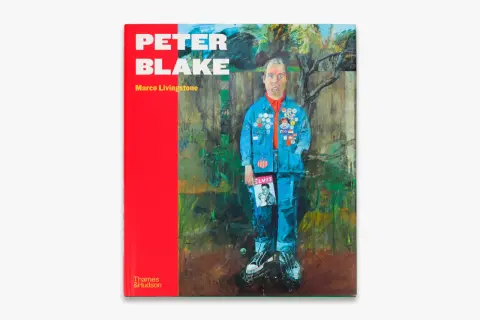 Book cover featuring a painting of Peter Blake in a denim jacket adorned with badges, holding an Elvis Presley magazine.