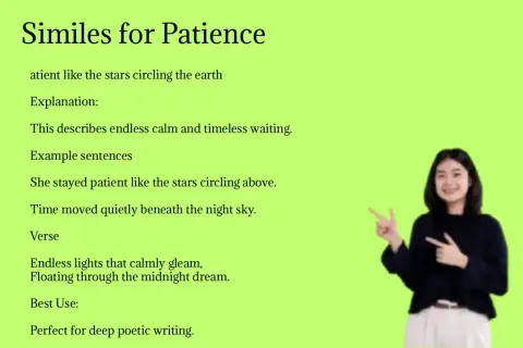 Una mujer sonríe y señala el texto "Similes for Patience", que incluye frases de esperar algo de alguien, como "patient like the stars circling above".