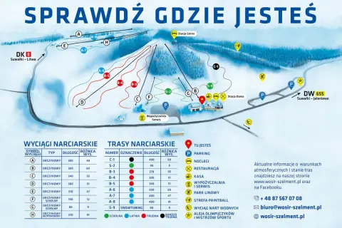 Mapa ośrodka narciarskiego Hańcza z trasami, wyciągami, parkingami i punktami usługowymi.