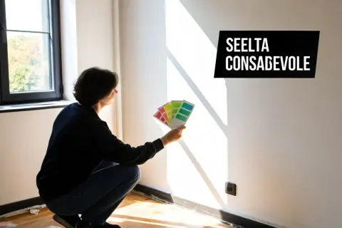 Persona sceglie colori per come pitturare una casa moderna, tenendo campioni di vernice contro il muro bianco illuminato dal sole.