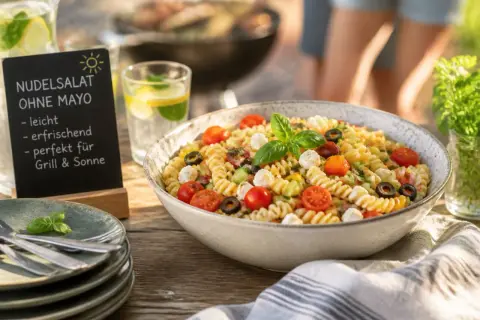 Leckerer Nudelsalat ohne Mayo mit Tomaten, Mozzarella und Oliven. Perfekt für Grill & Sonne!