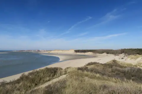 Vue panoramique de la baie d'Authie, avec ses dunes, sa plage de sable fin et sa forêt. Un bel itinéraire pour une promenade.