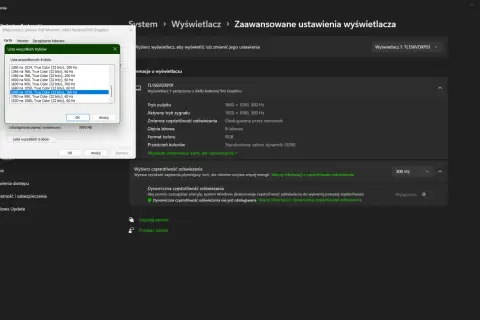 Okno dialogowe z listą częstotliwości odświeżania monitora (Hz) i ustawieniami wyświetlacza w systemie Windows.