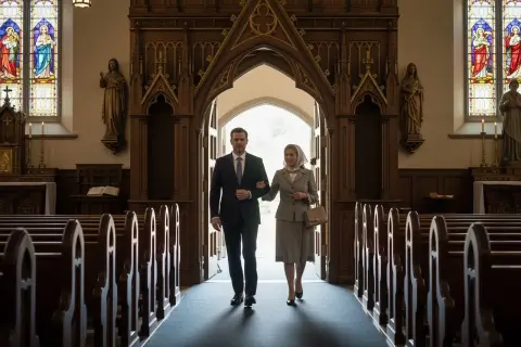 Elegancka para wchodzi do kościoła. On w garniturze, ona w kostiumie i apaszce. Wskazówka, jak się ubrać na msza trydencka.