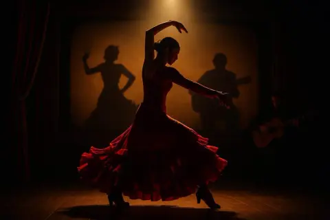 Bailarina de flamenco con vestido rojo, sombras de guitarrista y bailaora en el fondo. Escena de un documental flamenco.