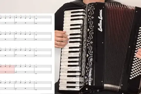 Nuty z akordami na akordeon klawiszowy. Ręce grające na klawiszach, miech akordeonu.