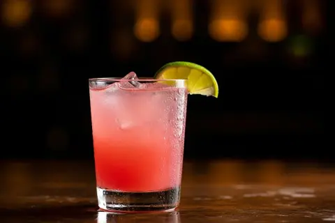 En rosa paloma drink med is och en limeklyfta, perfekt för en varm sommarkväll.
