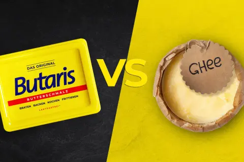 Butterschmalz vs Ghee: Gelbe Dose Butaris Butterschmalz gegen eine runde Form Ghee. Welches ist besser zum Braten, Backen, Kochen?