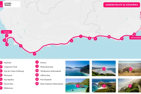 Karte der Garden Route in Südafrika mit 13 Stationen, von Kapstadt bis zum Addo Elephant Nationalpark. Tolle Garden Route Tipps für Ihre Reise!