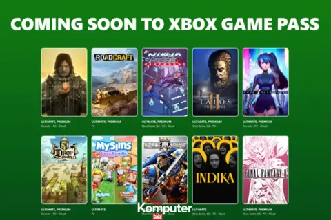 Grafika przedstawia okładki gier dostępnych w Xbox Game Pass, z napisem "Coming Soon to Xbox Game Pass".
