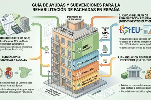 Guía de ayudas para la rehabilitación de fachadas en España, mostrando un edificio con andamios y diferentes niveles de financiación.