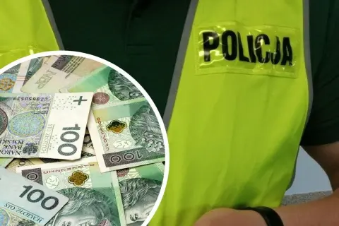 Policjant w kamizelce odblaskowej, obok stos banknotów 100 zł. Zastanawiasz się, ile wynosi emerytura policjanta po 25 latach pracy netto?
