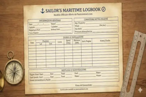 Un diario di bordo nautico, una bussola e un righello su un tavolo di legno, ideali per il turismo nautico.