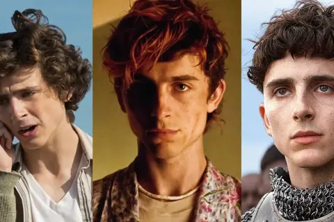 Timothée Chalamet i tre olika roller från filmer. En ung man med lockigt hår pratar i telefon, en annan med rött hår och blommig skjorta, och en tredje som en medeltida krigare i rustning.