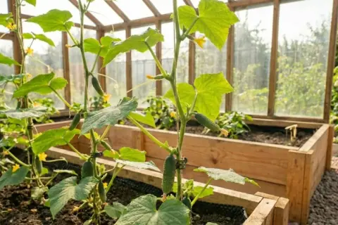 Gurkor växer i ett växthus. Små gurkor och gula blommor syns på plantorna, som klättrar uppåt. Sidoskott gurka ger en riklig skörd.