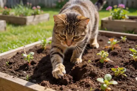 En randig katt smyger i en köksträdgård. Kaffesump mot katter kan vara ett bra sätt att skydda dina plantor.