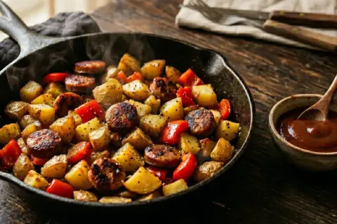 Heißer Dampf steigt auf von Bratkartoffeln mit Bratwurst und Paprika in einer Gusseisenpfanne. Dazu eine Schale mit Dip.