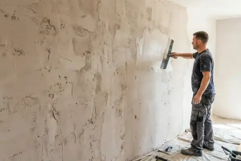 Un homme applique de l'enduit sur un mur texturé, prêt à peindre un mur déjà peint sans poncer.