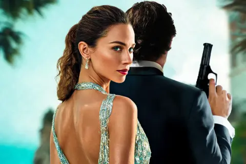 Ein Mann im Anzug hält eine Pistole, eine Frau in einem glitzernden Kleid blickt verführerisch über die Schulter. Der neue James Bond ist bereit für die Mission.