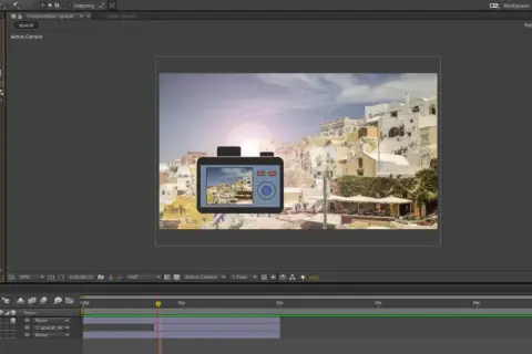 Aparat z obiektywem na tle greckich wysp, efekt "lens flare" w After Effects.