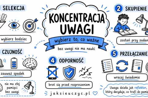 Jak skupić się na nauce: selekcja, skupienie, czujność, odporność i przełączanie uwagi. Klucz do zapamiętywania.