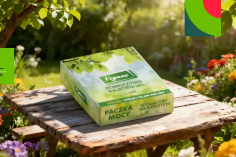 Pudełko z napisem "Vegano Dobroczynek Kalifornijski" na drewnianym stole w ogrodzie pełnym kwiatów.