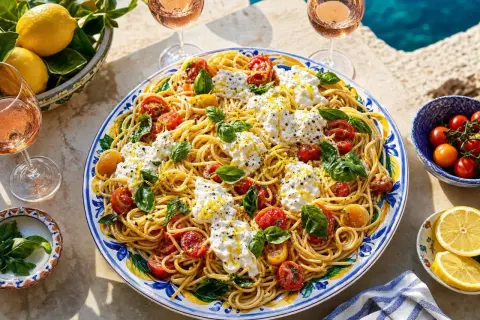 Spaghetti all'assassina, un plat de pâtes aux tomates cerises, burrata crémeuse et basilic frais, arrosé d'huile d'olive et de zeste de citron.