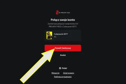 Ekran logowania do gry Cyberpunk 2077. Wybór polskiego języka i opcji "Pozwól i kontynuuj" sugeruje polski dubbing.