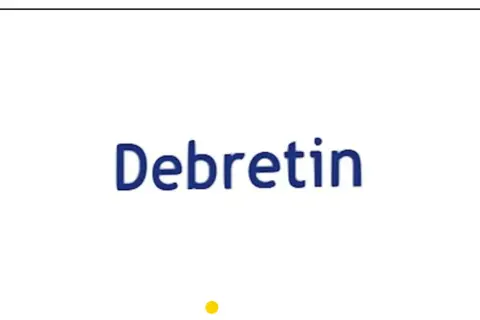 Niebieski napis "Debretin" na białym tle. Pod nim mała żółta kropka.