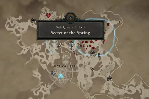 Mapa z gry Diablo 4, zaznaczona misja poboczna "Tajemnice źródła" (Secret of the Spring) w okolicach Kyovashad.