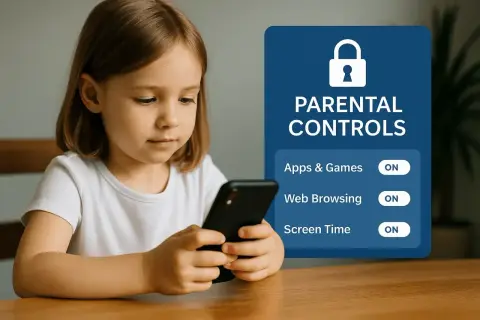 Dziewczynka z telefonem, obok panel z napisem "PARENTAL CONTROLS" i opcjami "Apps & Games", "Web Browsing", "Screen Time" włączonymi. Dowiedz się, jak włączyć kontrolę rodzicielską.