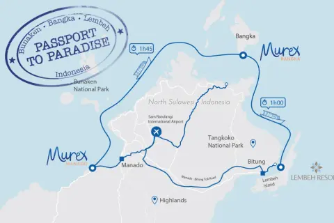 Karte für Sulawesi Backpacking: Route von Manado über Bangka nach Lembeh Island. Inklusive Flugzeit und Fährverbindungen.