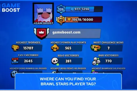 Profil gracza w Brawl Stars: 15707 trofeów, 2645 zwycięstw 3v3, 281 zwycięstw solo.