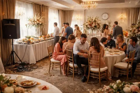 Réception de mariage à Strasbourg. Des invités sont assis à des tables décorées, un buffet est dressé.