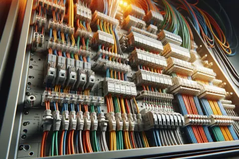 Zbliżenie na rozdzielnicę elektryczną z wieloma przewodami i bezpiecznikami.