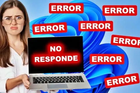 Mujer frustrada con laptop que no responde y múltiples errores. ¿Solución? Reiniciar controladores gráficos.
