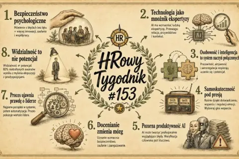 Grafika przedstawia osiem punktów dotyczących HR. Osoba skrupulatna doceniłaby te informacje.