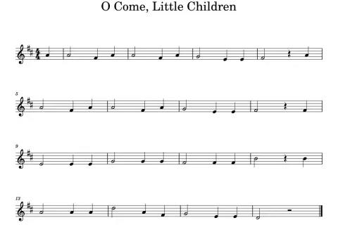 Nuty do druku dla dzieci z piosenką "O Come, Little Children". Prosta melodia, idealna do nauki gry na instrumencie.