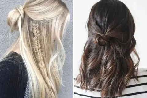 Zwei halb hochsteckfrisuren: Blond mit Zopf und Dutt, Brünett mit Knoten.