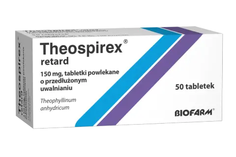 Opakowanie leku Theospirex retard, 150 mg, 50 tabletek powlekanych o przedłużonym uwalnianiu.
